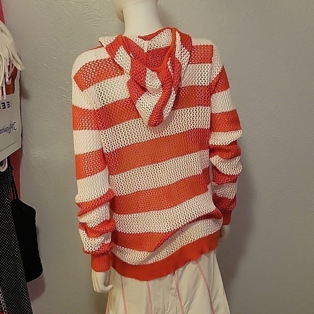 Vtg Quacker Factory Coral Stripe Peekaboo Zipper Hoodie Festival Cover-Up View 5